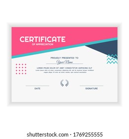 Creative Certificate of Appreciation Award Template with pink and blue color, flat design style