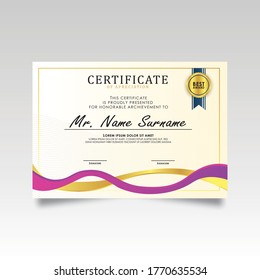creative certificate of appreciation award template with purple and golden shapes and badge