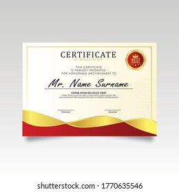 creative certificate of appreciation award template with red and golden shapes and badge