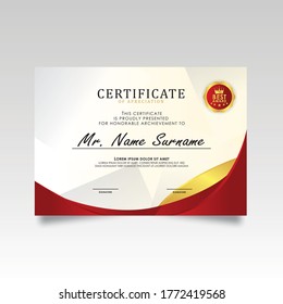 creative certificate of appreciation award template with red and golden shapes and badge
