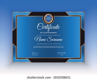 Creative certificate of appreciation award template certificate template design with best award symbol and blue and golden shapes and badge