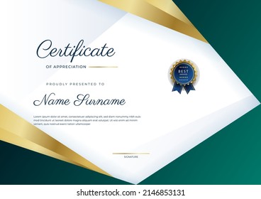 Creative certificate of appreciation award template with golden shapes and badge