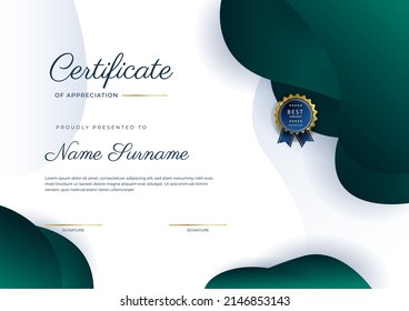 Creative certificate of appreciation award template with golden shapes and badge