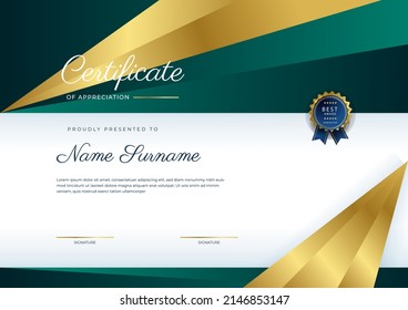 Creative certificate of appreciation award template with golden shapes and badge