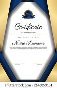 Creative certificate of appreciation award template with golden shapes and badge