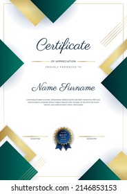 Creative certificate of appreciation award template with golden shapes and badge