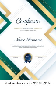 Creative certificate of appreciation award template with golden shapes and badge