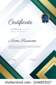 Creative certificate of appreciation award template with golden shapes and badge. Vector illustration