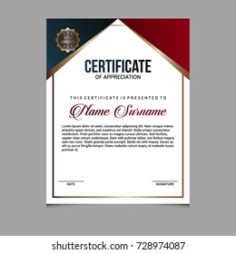 creative certificate of appreciation award template with blue and copper shapes and badge