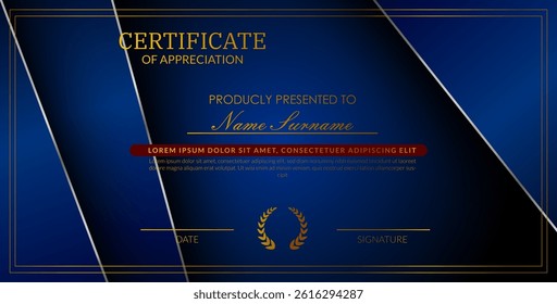 Creative certificate of appreciation best award template with blue silver list overlap background, Use for print, certificate, diploma, graduation Eps10 vector template