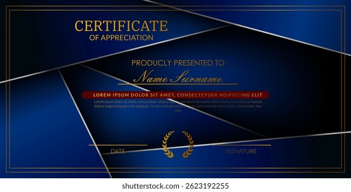 Creative certificate of appreciation best award template with blue silver list overlap background, Use for print, certificate, diploma, graduation