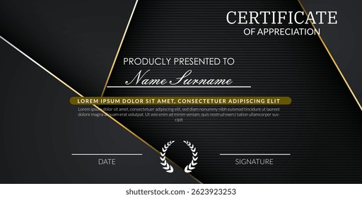 creative certificate of appreciation best award template with black golden list overlap background, Use for print, certificate, diploma, graduation