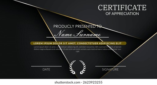 creative certificate of appreciation best award template with black golden list overlap background, Use for print, certificate, diploma, graduation