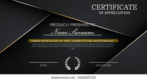 creative certificate of appreciation best award template with black golden list overlap background, Use for print, certificate, diploma, graduation
