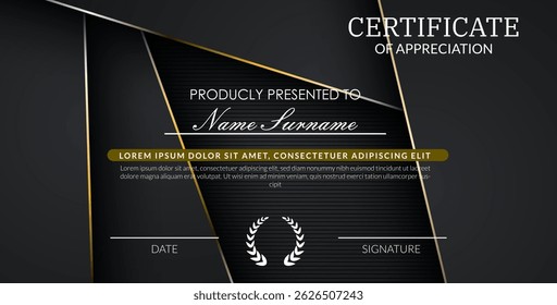 creative certificate of appreciation best award template with black golden list overlap background, Use for print, certificate, diploma, graduation