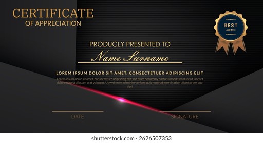 Creative certificate of appreciation best award template with abstract black pink light background, Use for print, certificate, diploma, graduation