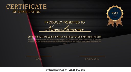 Creative certificate of appreciation best award template with abstract black pink light background, Use for print, certificate, diploma, graduation