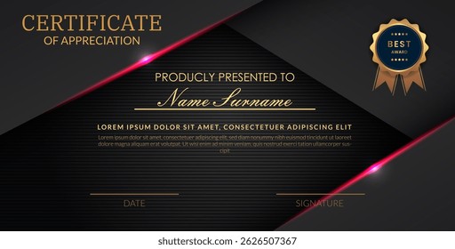 Creative certificate of appreciation best award template with abstract black pink light background, Use for print, certificate, diploma, graduation