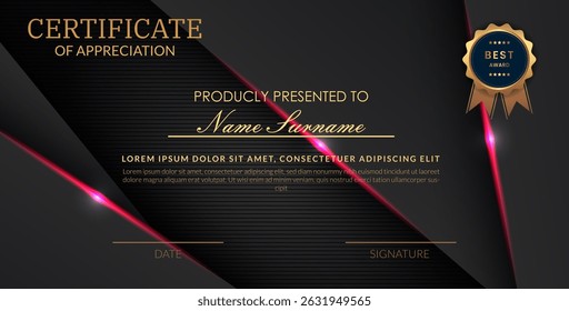 Creative certificate of appreciation best award template with abstract black pink light background, Use for print, certificate, diploma, graduation