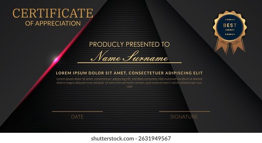 Certificado criativo de apreciação melhor modelo de prêmio com fundo de luz rosa preto abstrato, Use para impressão, certificado, diploma, formatura
