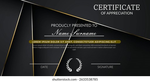 creative certificate of appreciation best award template with black golden list overlap background, Use for print, certificate, diploma, graduation
