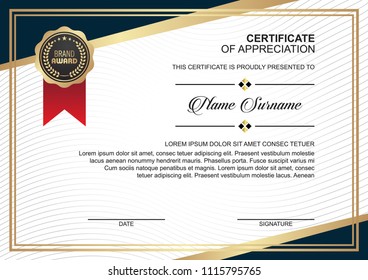 Creative Certificate design template with luxury badge and modern shapes. Vector illustration