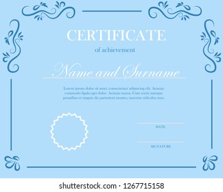 Creative certificate, diploma. Frame for diploma, certificate. Diploma design for graduation or completion.