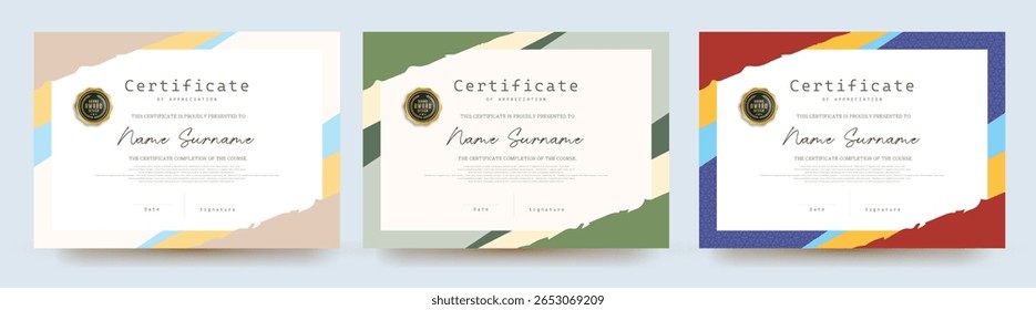 Creative certificate template for appreciation with colorful torn paper style border and golden badge on clean layout