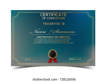 creative certificate  template for completion award   with golden shapes and badge.Clean and modern for diploma, official or different awards.Vector illustration