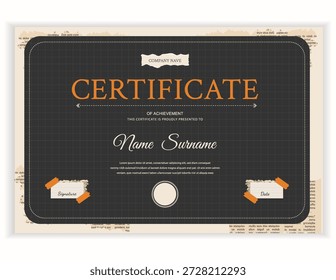 Creative certificate template in dark colors. Stylish design with a drawing grid background, orange text, and paper scraps on tape. Original vector layout for awards.