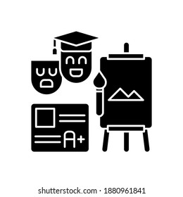 Creative certification exam black glyph icon. Art and theatrical education degree. Drawing skills. School and academy of art. Silhouette symbol on white space. Vector isolated illustration