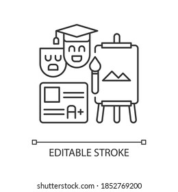 Creative certification exam pixel perfect linear icon. Art, theatrical education. Academy of art. Thin line customizable illustration. Contour symbol. Vector isolated outline drawing. Editable stroke