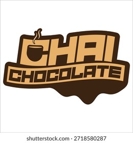 Creative Chai Chocolate Typography Logo Vector. Stylized Cup Icon and Melting Chocolate Drip Design for Cafe, Tea Room, or Dessert Shop Branding.