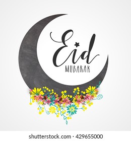 Creative chalkboard style crescent moon with beautiful colourful flowers for Islamic Famous Festival, Eid Mubarak celebration.