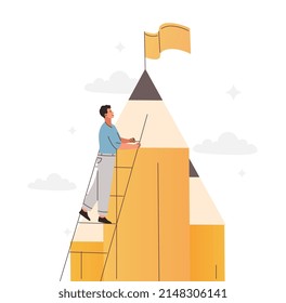 Creative challenge concept. Man climbs up stairs onto large pencil. Web designer or freelancer develops design elements. Motivation, leadership and goal setting. Cartoon flat vector illustration