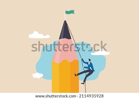 Creative challenge to reach goal and win business, idea, motivation and inspiration to achieve target concept, young creative man climbing pencil mountain to reach winning flag at the peak.