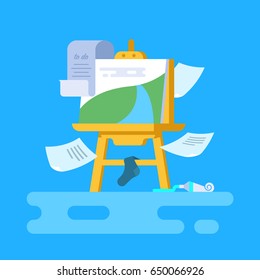 Creative chaos. Vector illustration of easel. Flat style. Unfinished picture.Scattered objects everywhere