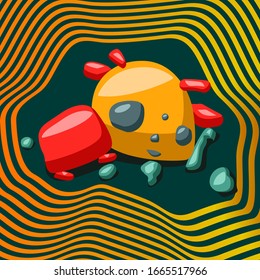 Creative character, monster, in bright colors: red, blue, yellow, green. Suitable for children's books , postcards, posters and clothing. Vector illustration.