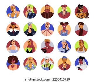 Creative characters avatars set. Different face portraits, fashion trendy people. Stylish young men, women user profiles in modern style. Flat graphic vector illustrations isolated on white background