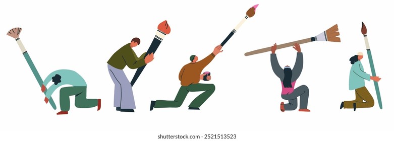 Creative characters holding large brushes. Illustrators, designers, artists with drawing tools in their hands. Tiny people holding a pen. Flat vector illustrations isolated on white background
