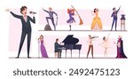 Creative characters, musicians singers and actors. Musicians bands on stage dancers ballet show on stage exact vector template in cartoon style