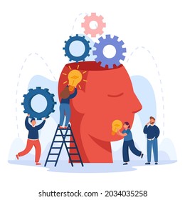 Creative characters putting idea bulbs into huge head. Office people brainstorming, doing research together, innovation flat vector illustration. Imagination, community, teamwork, education concept