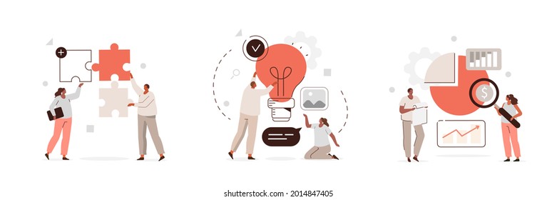 Creative characters and their business activity. People connecting puzzle pieces, generating new ideas, analyzing corporate data. Flat cartoon vector illustration and icons set.
