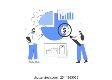 Personajes creativos y su actividad empresarial. Análisis de datos corporativos. Informe de planificación de negocio informe de presentación contable. Ilustración vectorial plana de dibujos animados, icono. Elegante, minimalista y moderno 