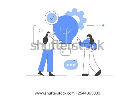 Creative characters and their business activity. People generating new ideas. Teamwork with a light bulb idea. Flat Cartoon Vector Illustration, icon. Stylish, Minimalist Modern 