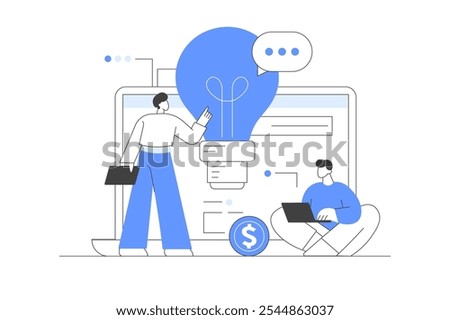 Creative characters and their business activity. People generating new ideas. Teamwork of people working on a laptop with a light bulb idea on the screen.  Flat Cartoon Vector Illustration, icon. 