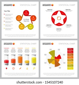 Creative chart set for marketing analysis concept. Can be used for business project, annual report, web design, presentation slide templates. Bar chart, percentage, polar, step diagram