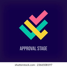 Logo de verificación creativa. Transiciones de color únicas. Plantilla única de logotipo de fase de comprobación y aprobación. vector