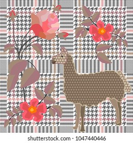 Creative checkered  print with embroidered roses and llamas. Seamless hounds tooth pattern with English motifs. Textile design for school uniform, plaids, scarfs. Red flower on grey background.