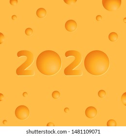 Creative cheese concept of 2020 New Year greeting card. Realistic texture of rats food. Vector illustration. Eps 10